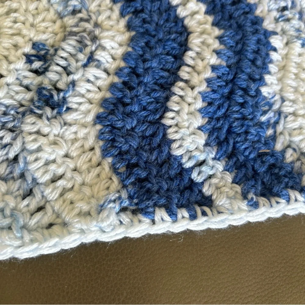 Lg Knitted Afghan / Throw Blanket Wave Pattern Mixed Blue White 45